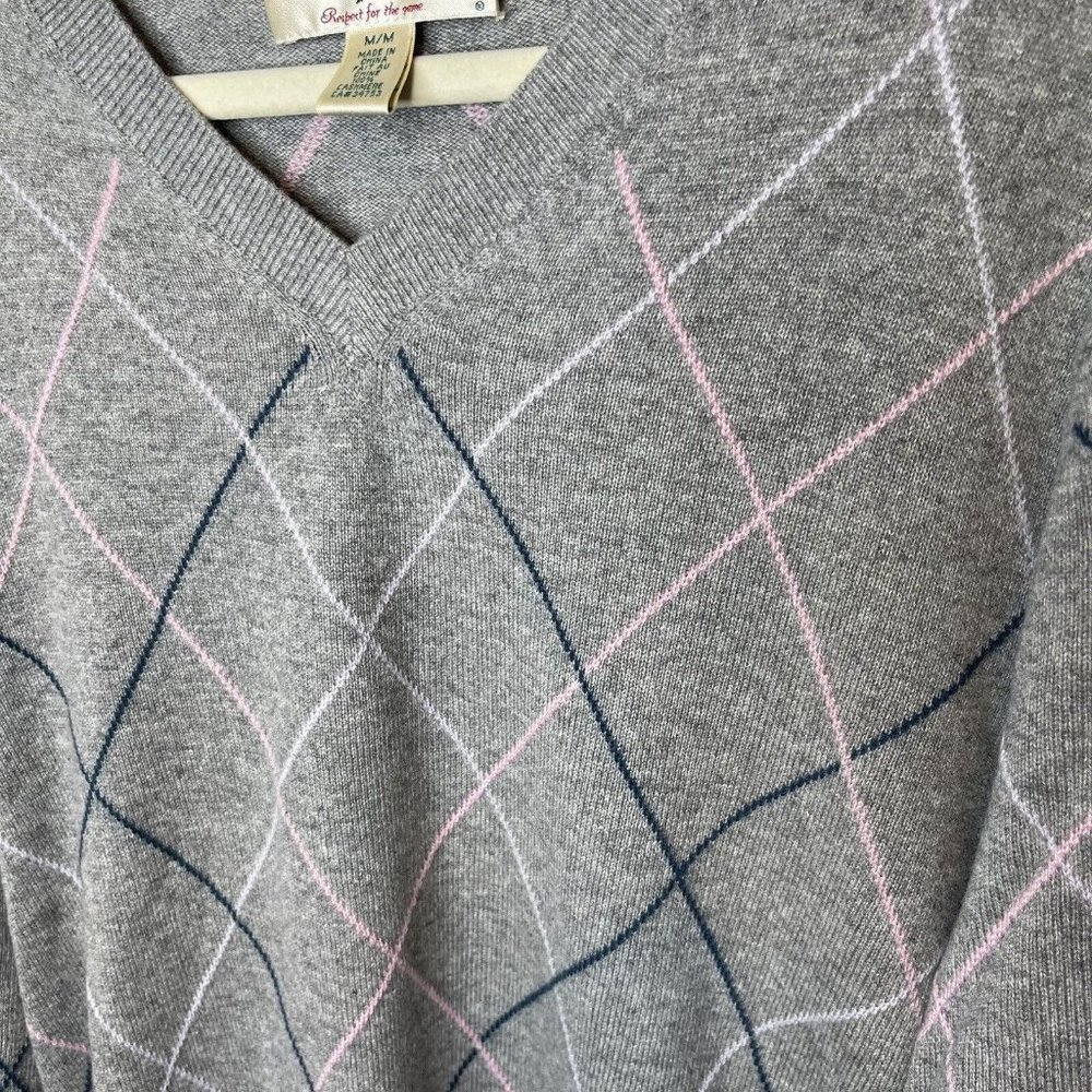 fairway and greene Medium 100% Italian Cashmere Sweater Grey Argyle V Neck - Picture 3 of 4